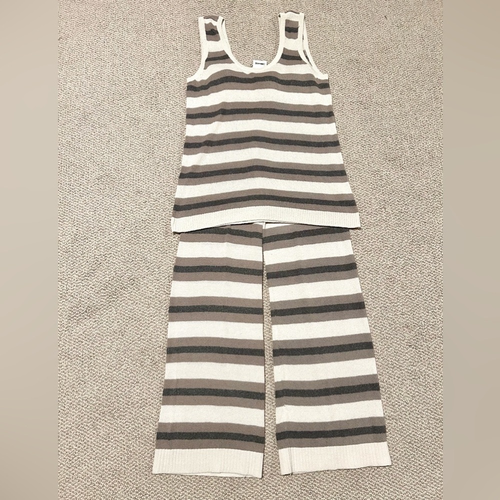 Free People Beach Striped Sweater Pant / Tank Set - Cream and Brown - Picture 4 of 5